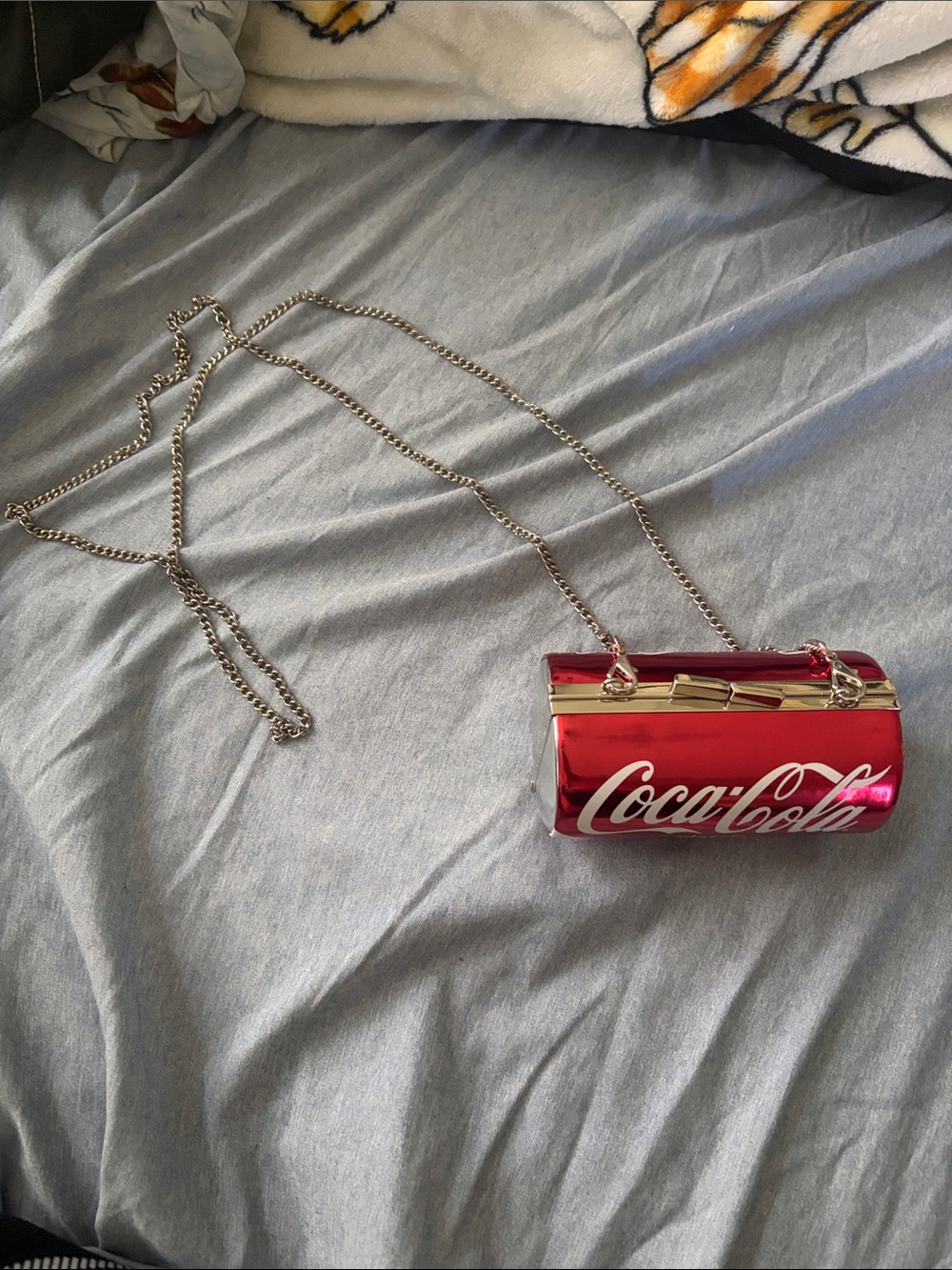 Coca Cola Red Metallic Can-Shaped Crossbody Bag with Silver Chain